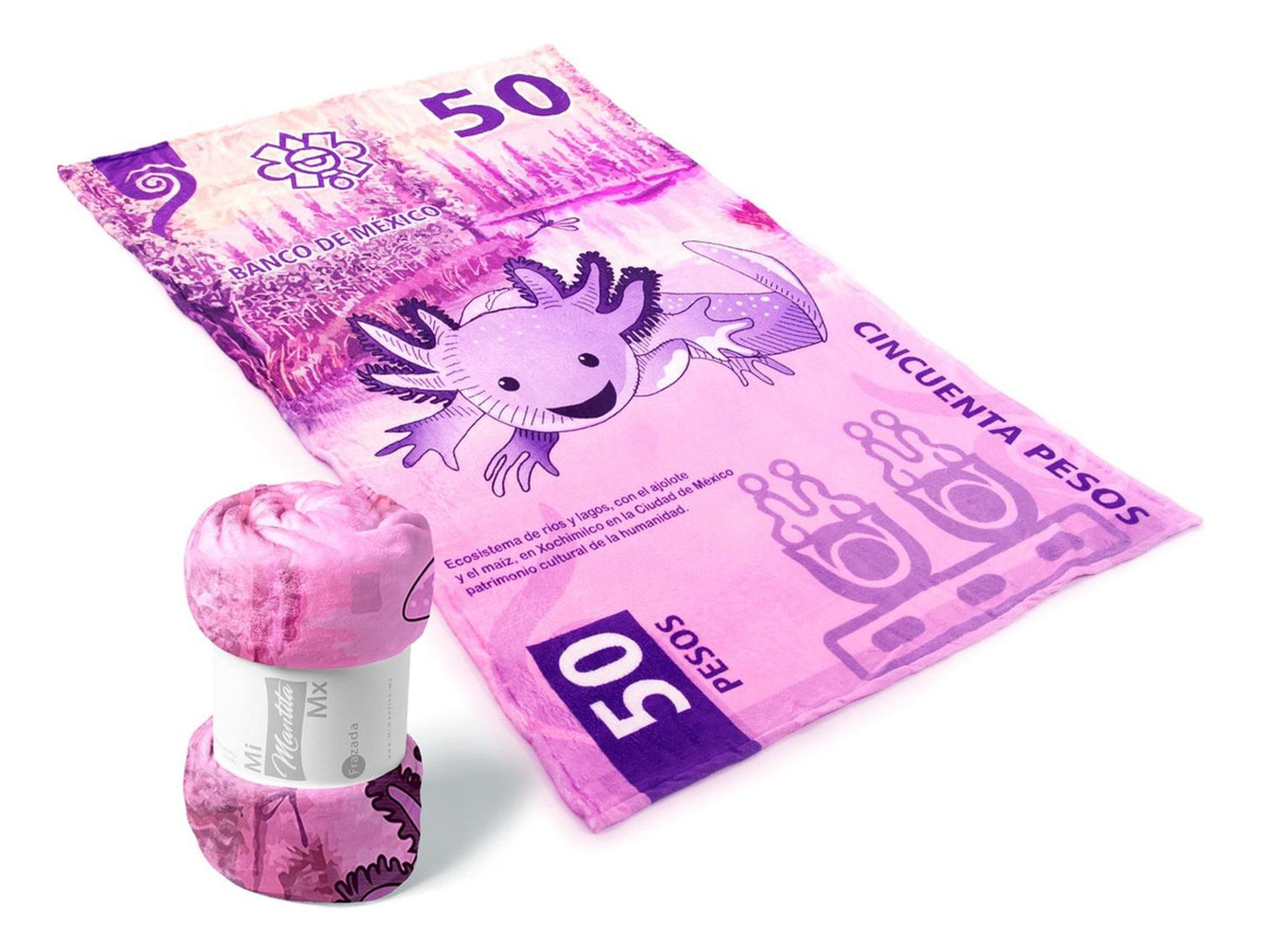 Combo Frazada Ajolote y Peluche Billete 50 Rosa Individual