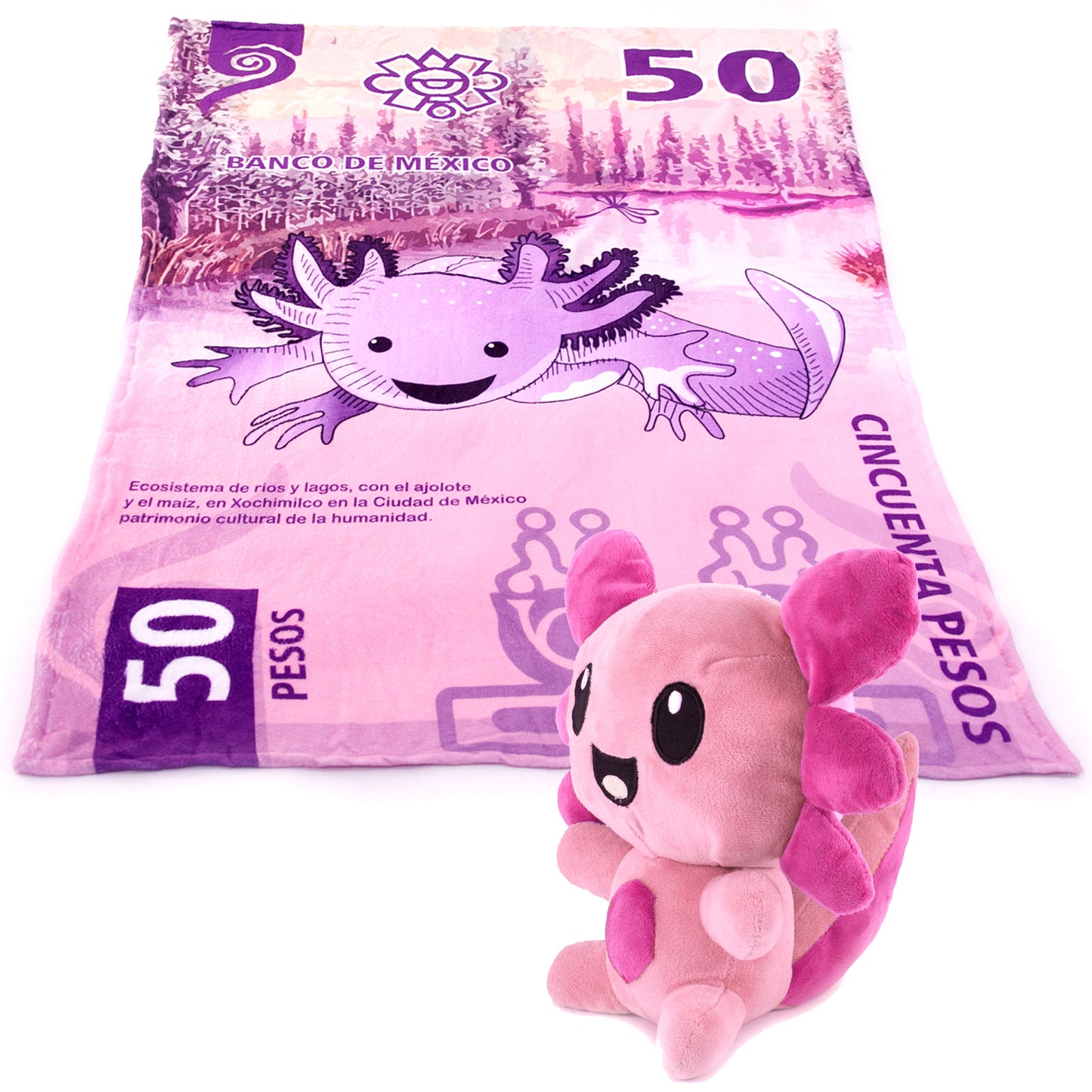 Combo Mantita Ajolote y Peluche Billete 50 Rosa Matrimonial
