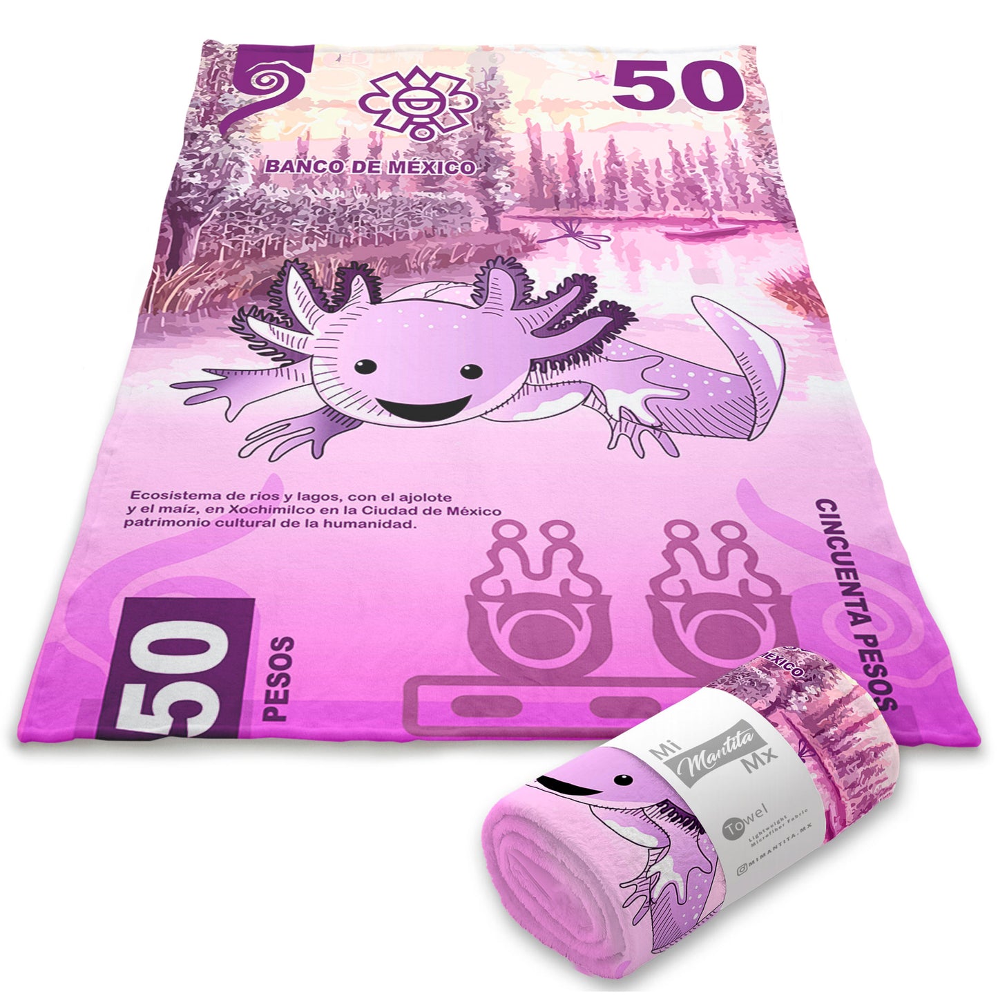 Toalla Ajolote Billete 50 pesos Lavanda