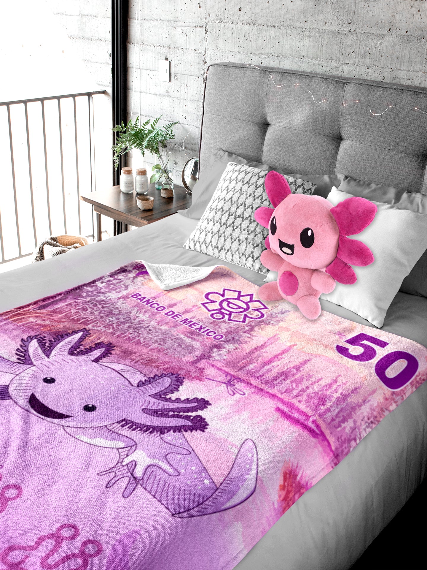 Combo Mantita Ajolote y Peluche Billete 50 Rosa Matrimonial