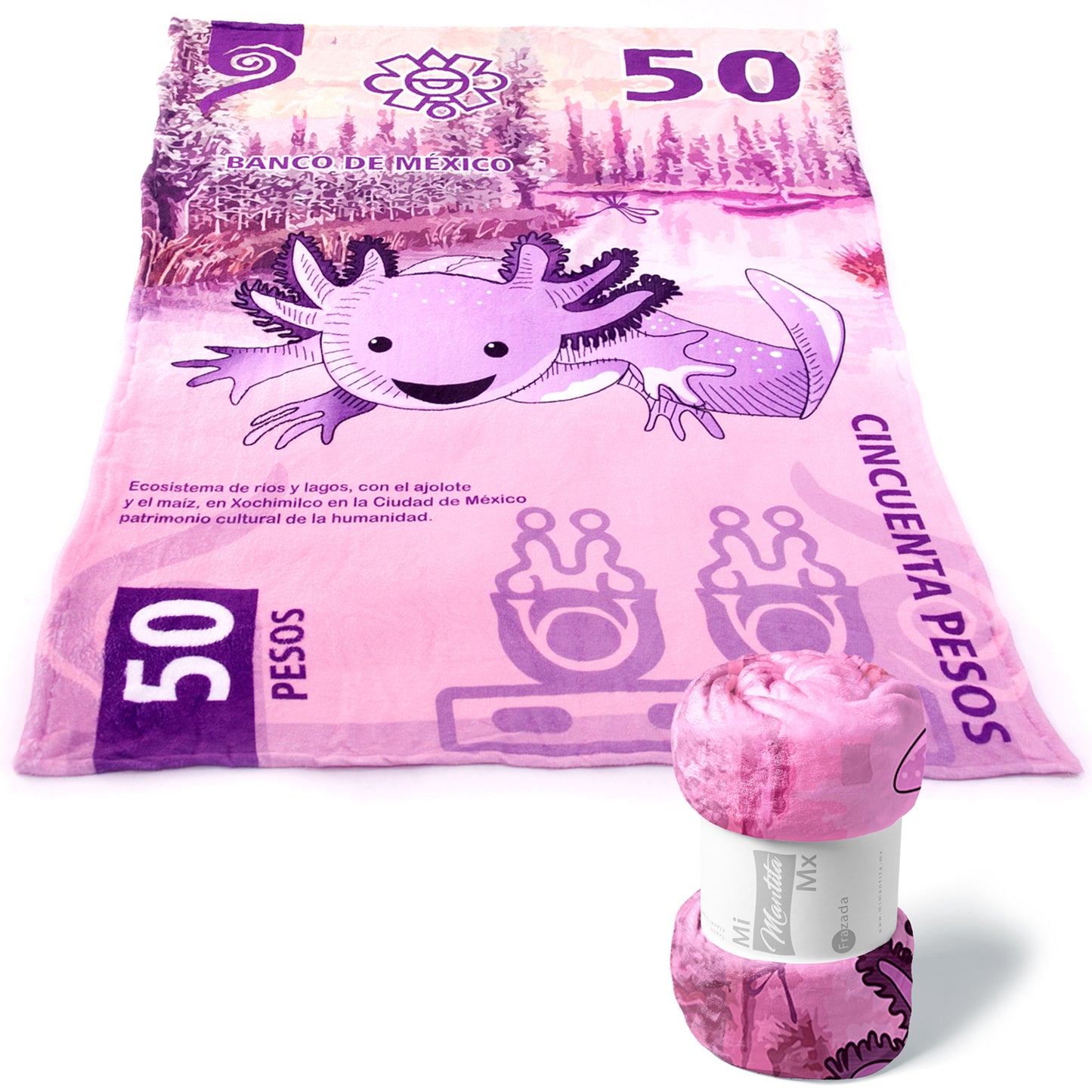 Combo Frazada Ajolote y Peluche Billete 50 Lavanda Individual