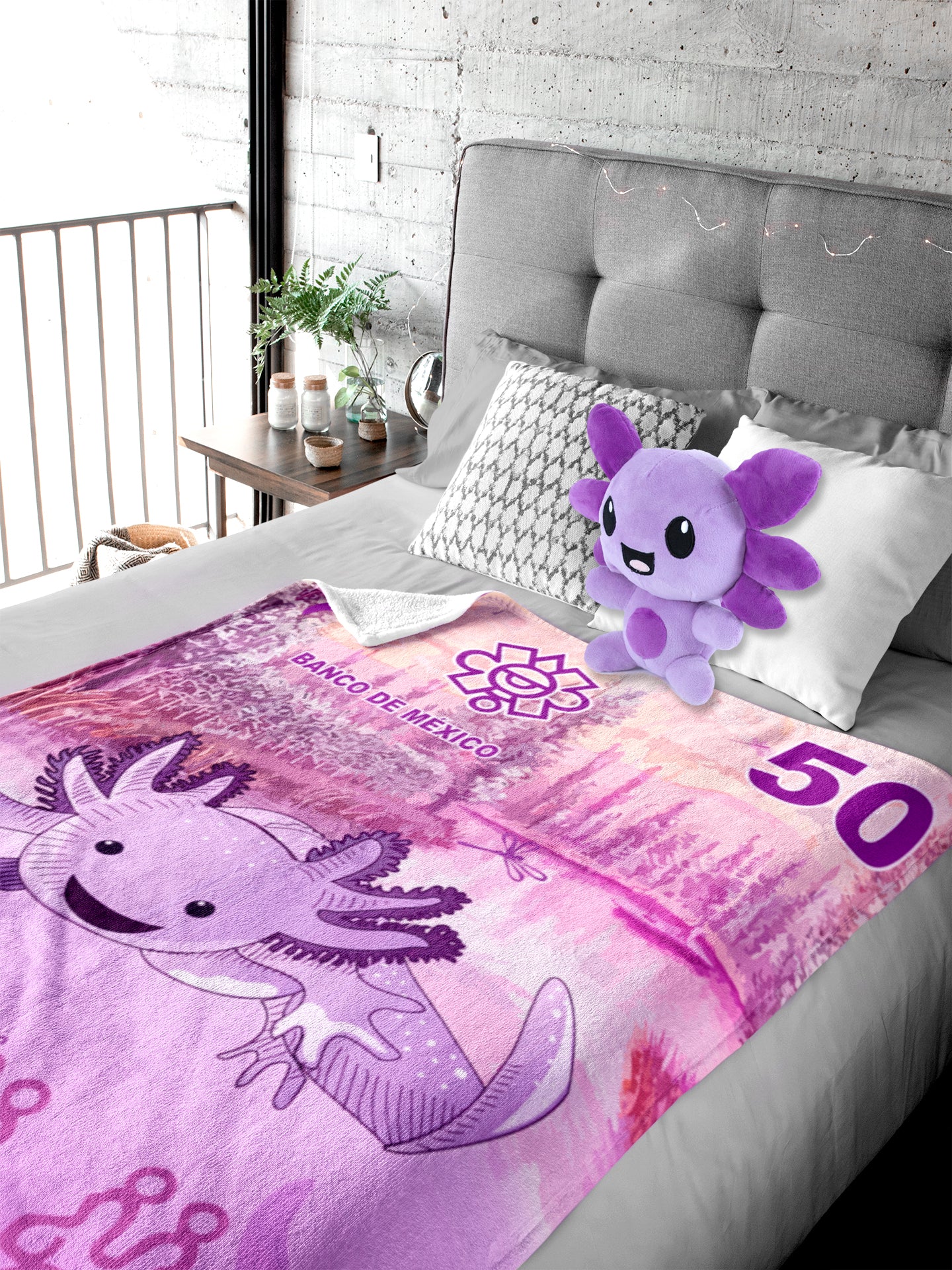 Combo Frazada Ajolote y Peluche Billete 50 Lavanda Individual