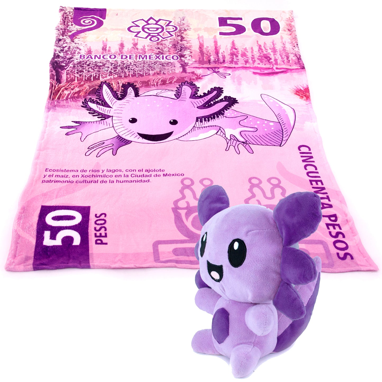 Combo Frazada Ajolote y Peluche Billete 50 Lavanda Individual