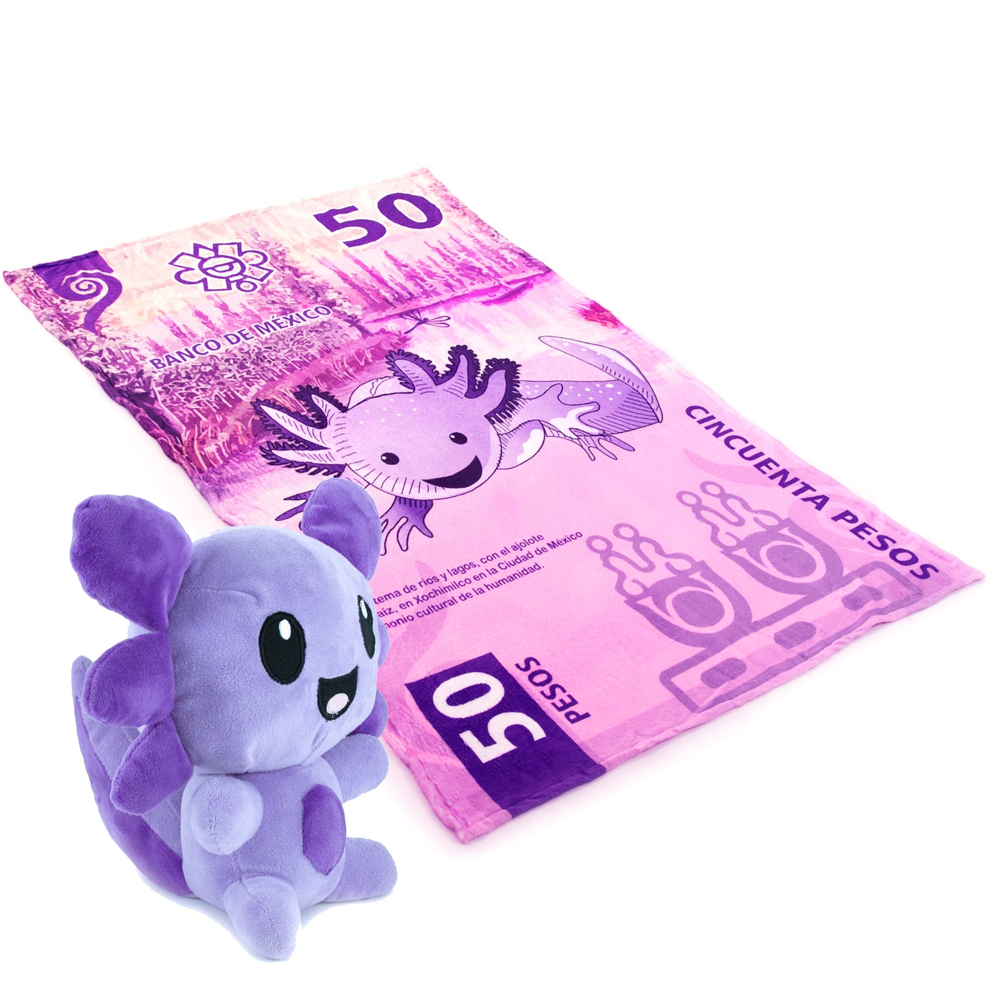 Combo Frazada Ajolote y Peluche Billete 50 Lavanda Individual
