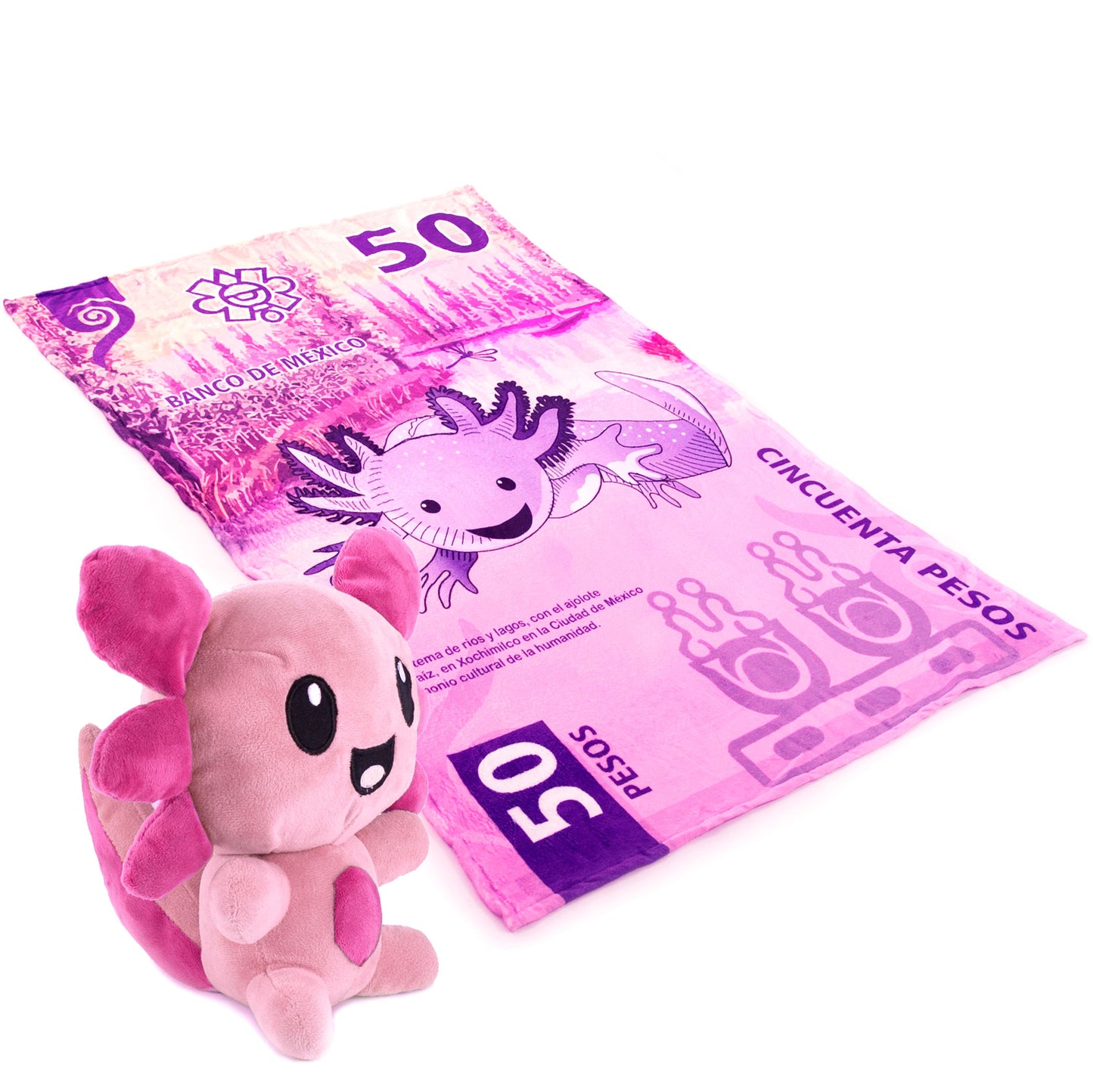 Combo Mantita Ajolote y Peluche Billete 50 Rosa Matrimonial