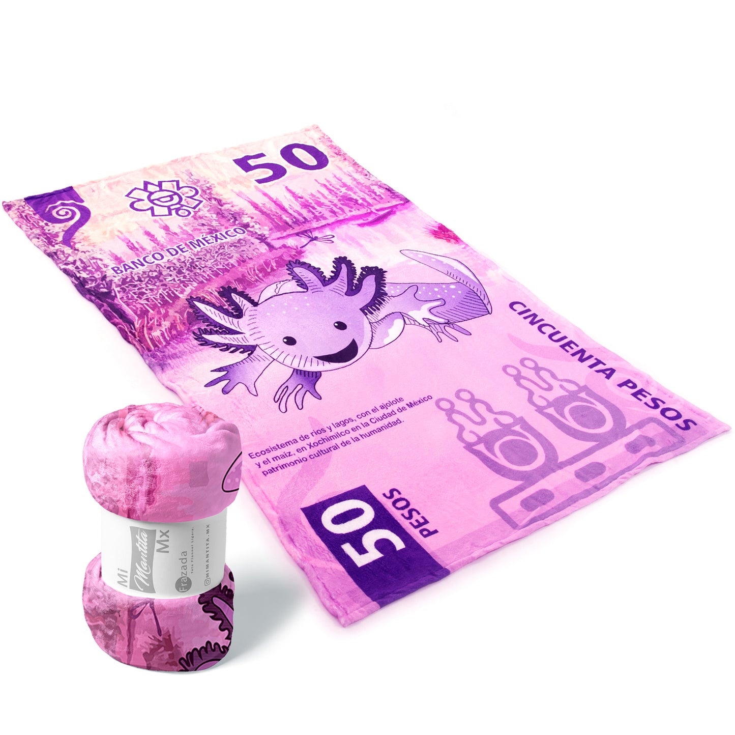 Combo Mantita Ajolote y Peluche Billete 50 Lavanda Matrimonial
